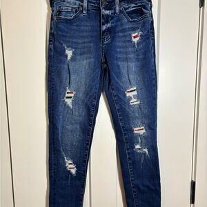 Kancan Skinny Jeans Dark Wash Distressing with‎ Red Plaid Patch Work Size 5/26